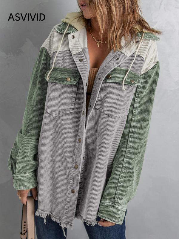 Women's Colorblock Button Front Corduroy Jacket, Casual Drop Shoulder Long Sleeve Outerwear for Fall, Winter Clothes Women,  Ladies Clothes for Daily Wear Downtown Girl Clothes